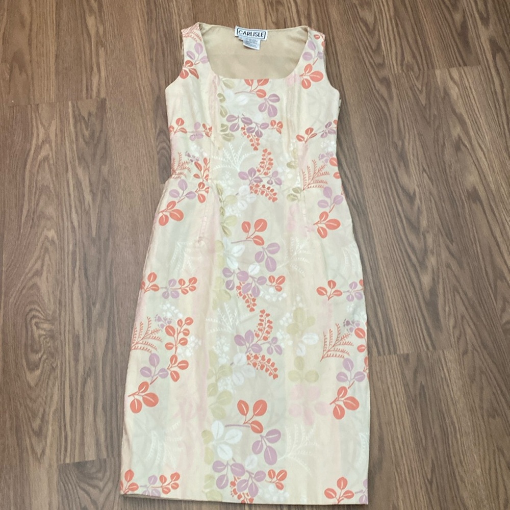 CARLISLE Sleeveless Dress  Size 4 Vintage 90s Beige Floral  Lined Dress